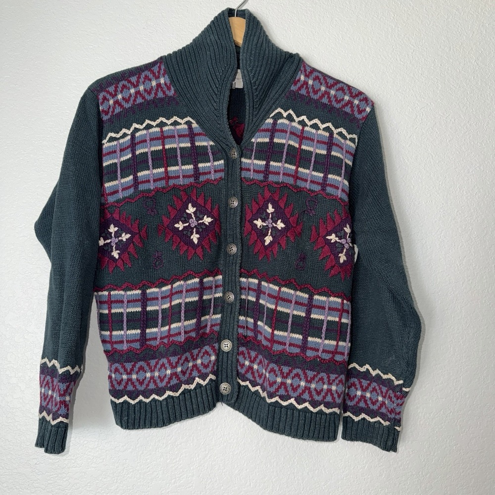 Christopher & Banks Hand Embroidered Sweater Cardigan Women's M Aztec Floral